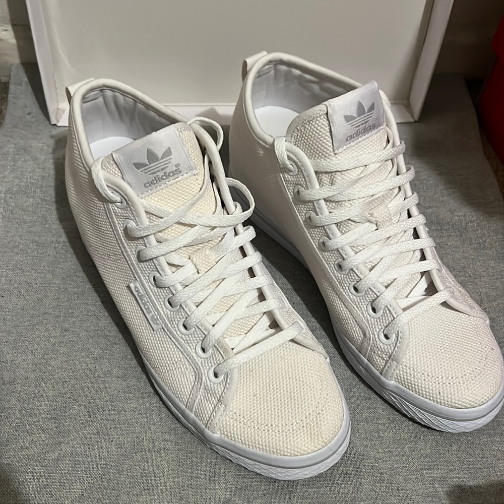 White wedge Adidas high tops